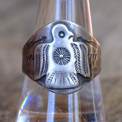 Vintage Sterling Early Thunderbird Cigar Band Ring 9.75