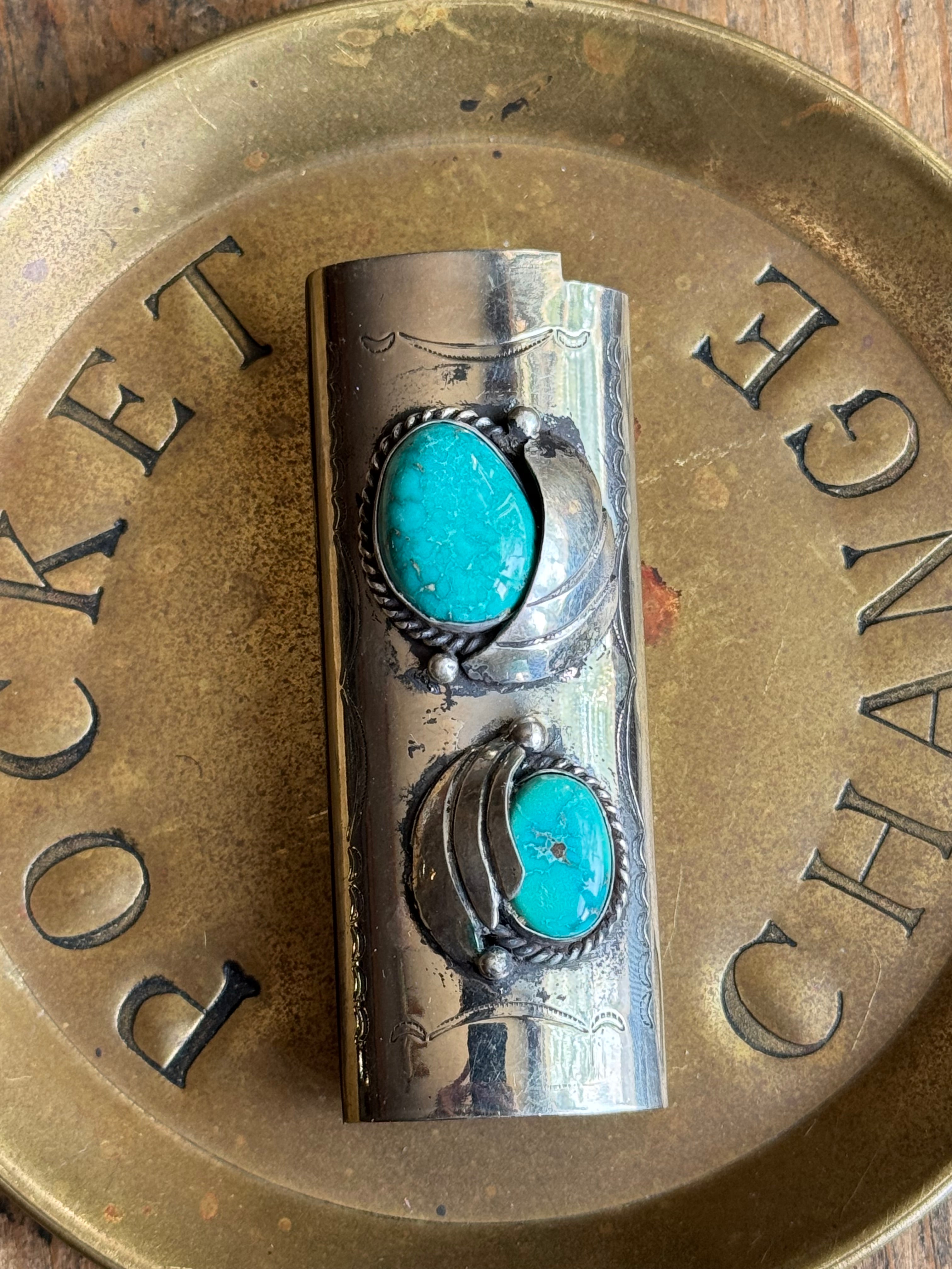 Vintage Stamped Nickel & Sterling Silver Turquoise Lighter Case