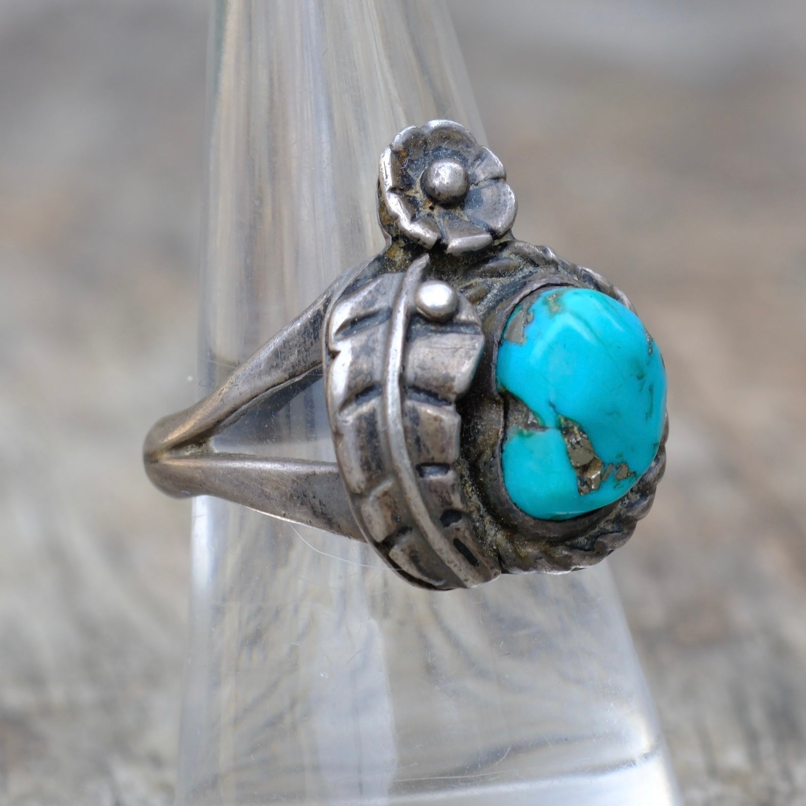 Vintage Sterling Turquoise Feather Ring 8