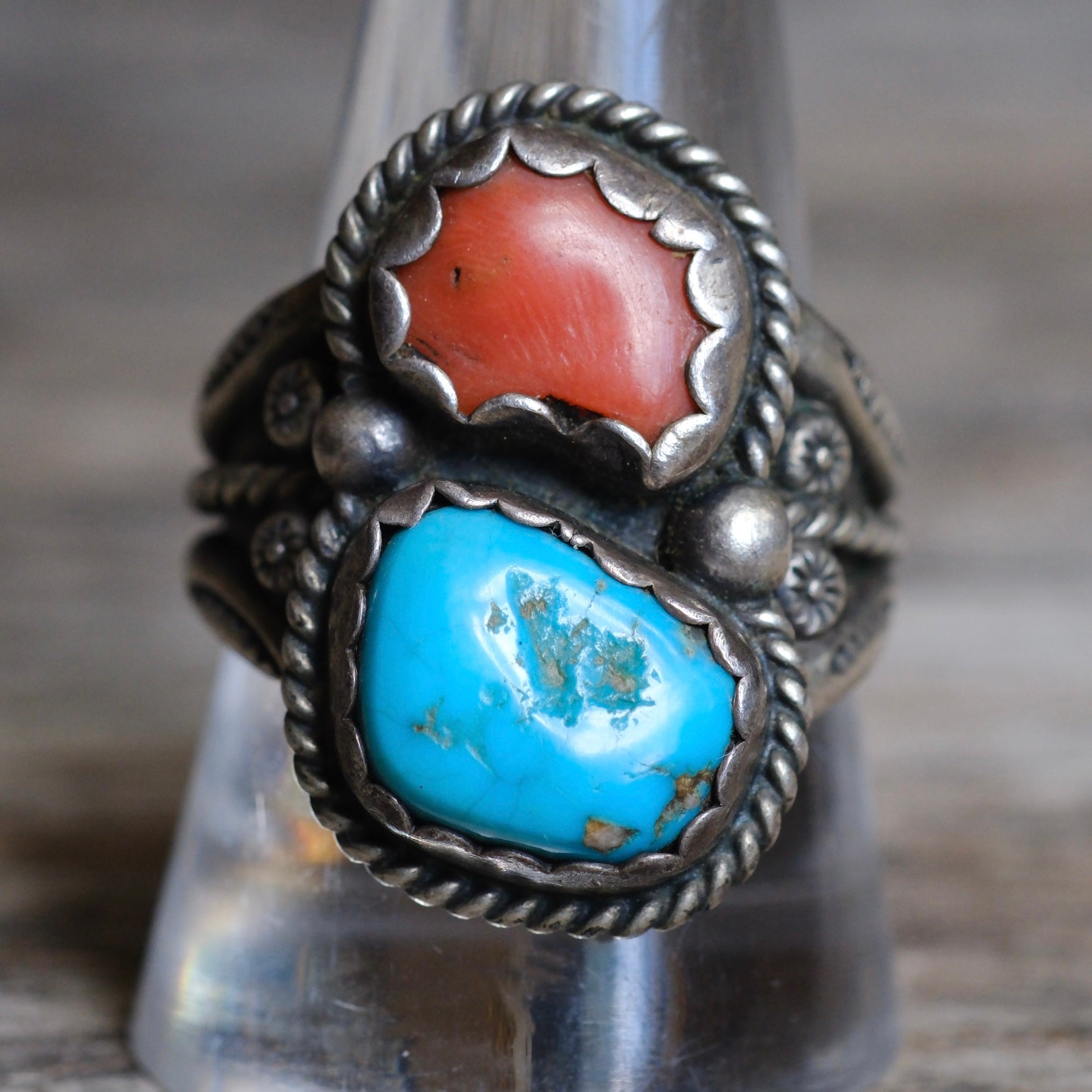 Vintage Sterling Turquoise and Coral Roper Ring 10.75