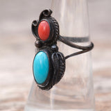 Vintage Sterling Turquoise and Coral Feather Ring 6.5