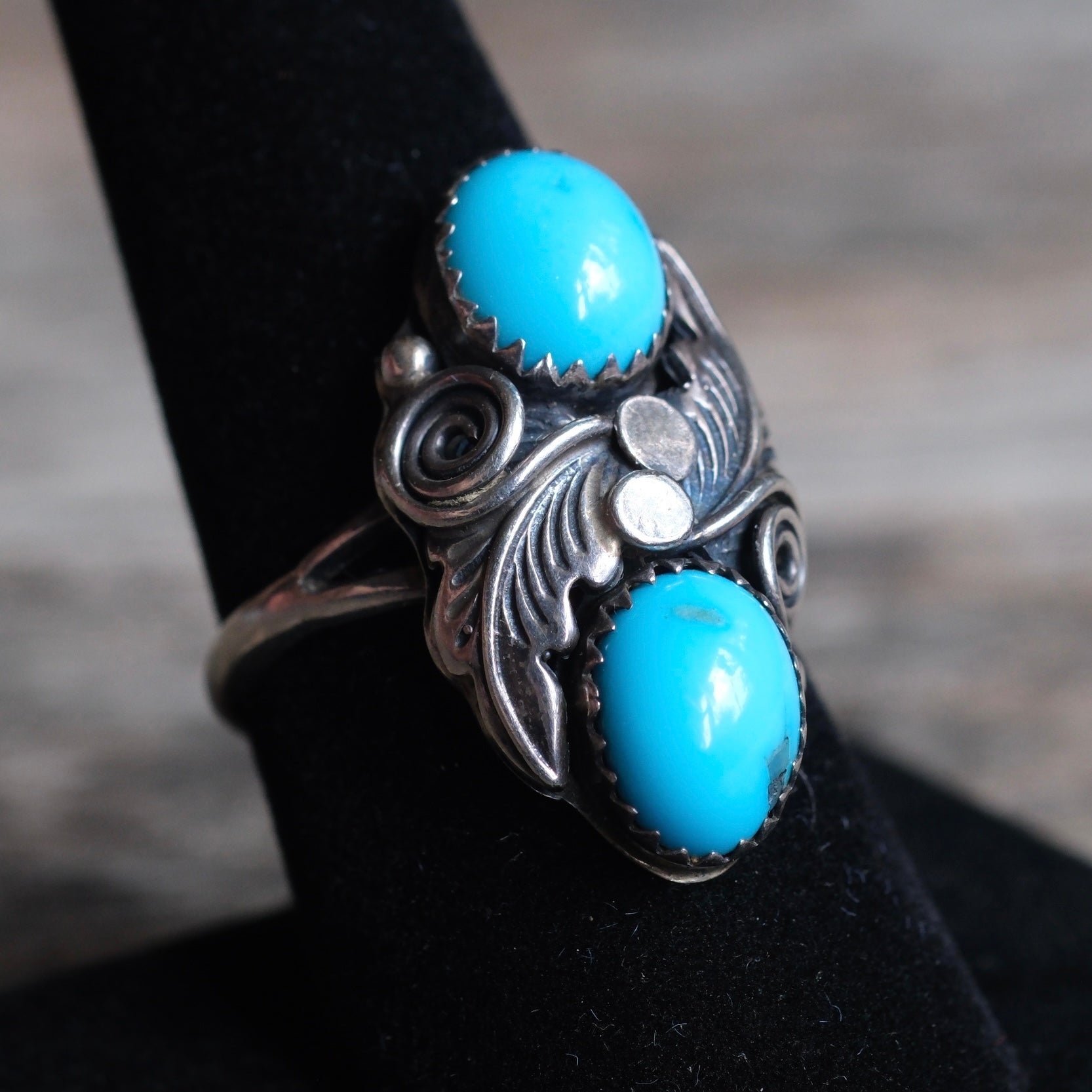 Vintage Sterling 2-Stone Turquoise Feather Ring 9