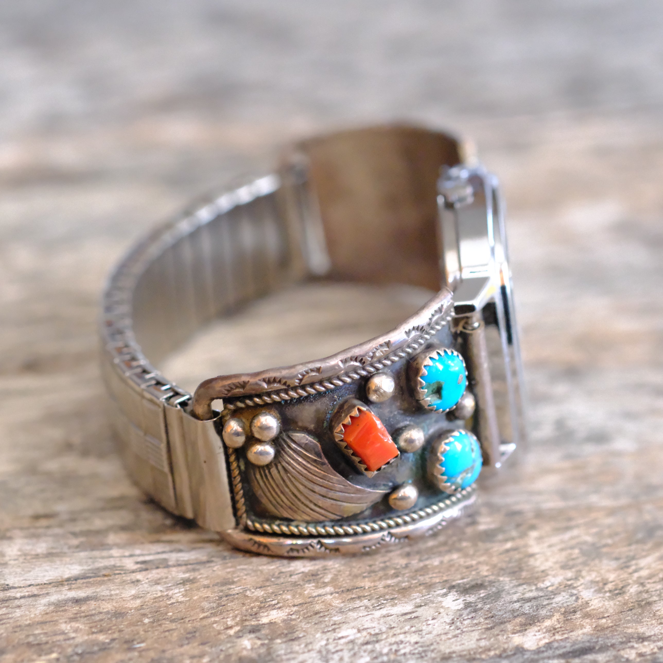 Vintage Sterling Turquoise and Coral Feather Watch