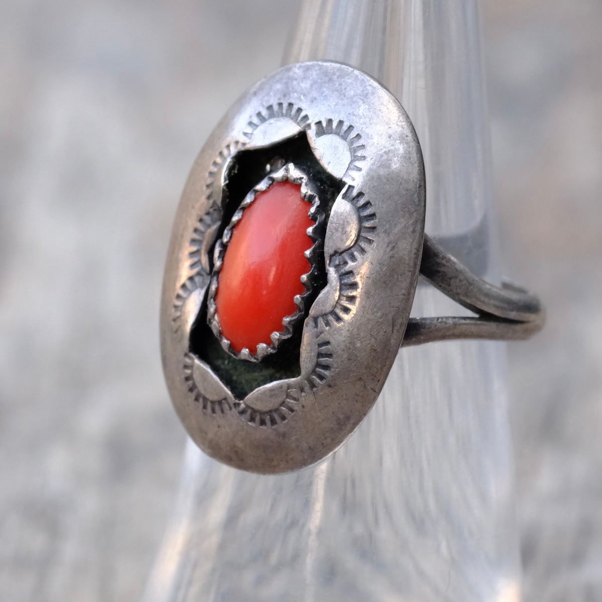 Vintage Sterling Coral Shadowbox Ring 5.75