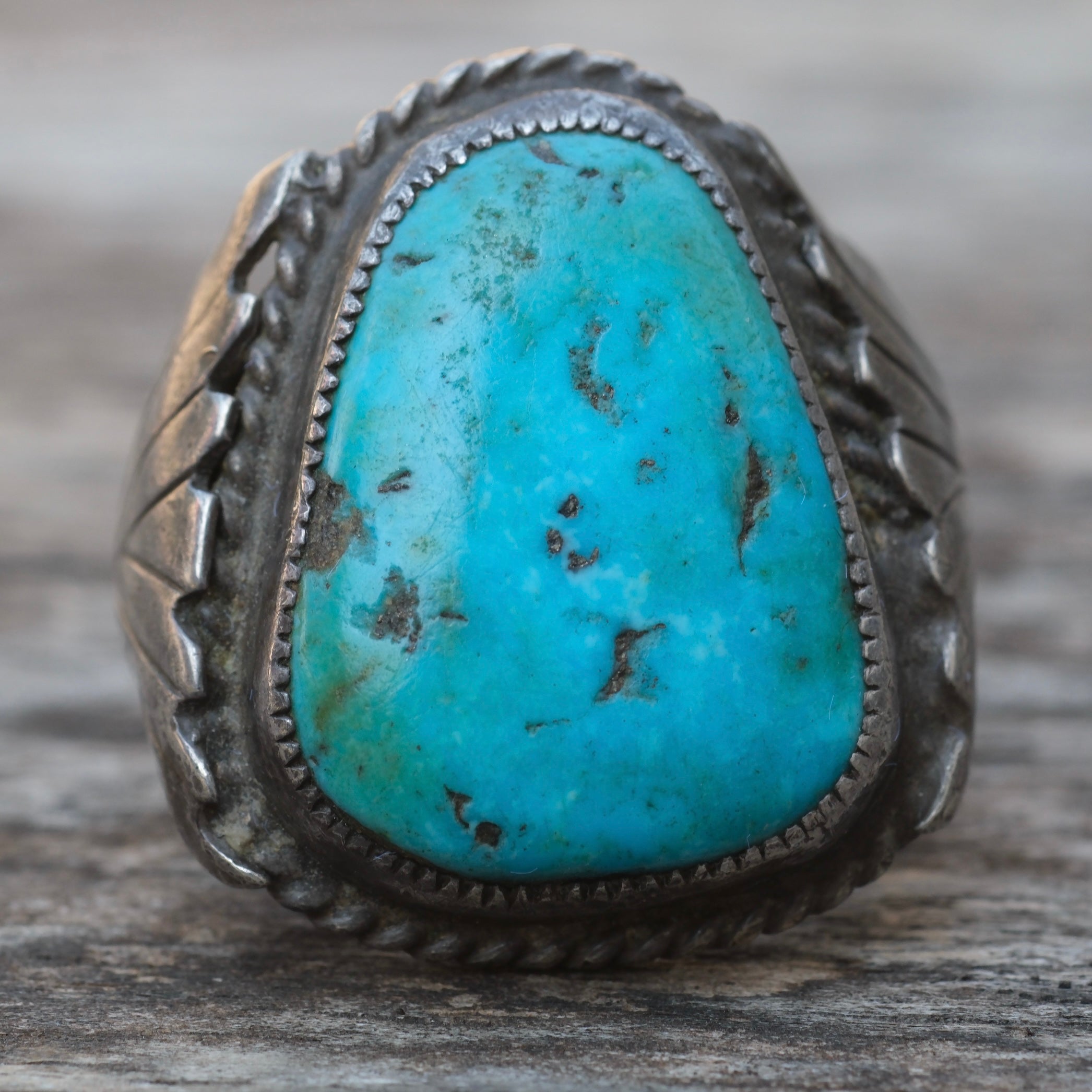 Vintage Sterling Turquoise Ribbed Band Ring 10.25