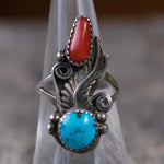 Vintage Sterling Turquoise and Coral Feather Ring 6.75