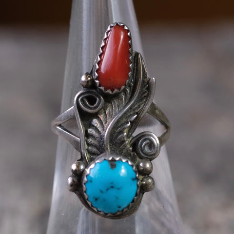 Vintage Sterling Turquoise and Coral Feather Ring 6.75