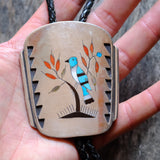 Huge Vintage Sterling Inlay Blue Jay Bolo Tie