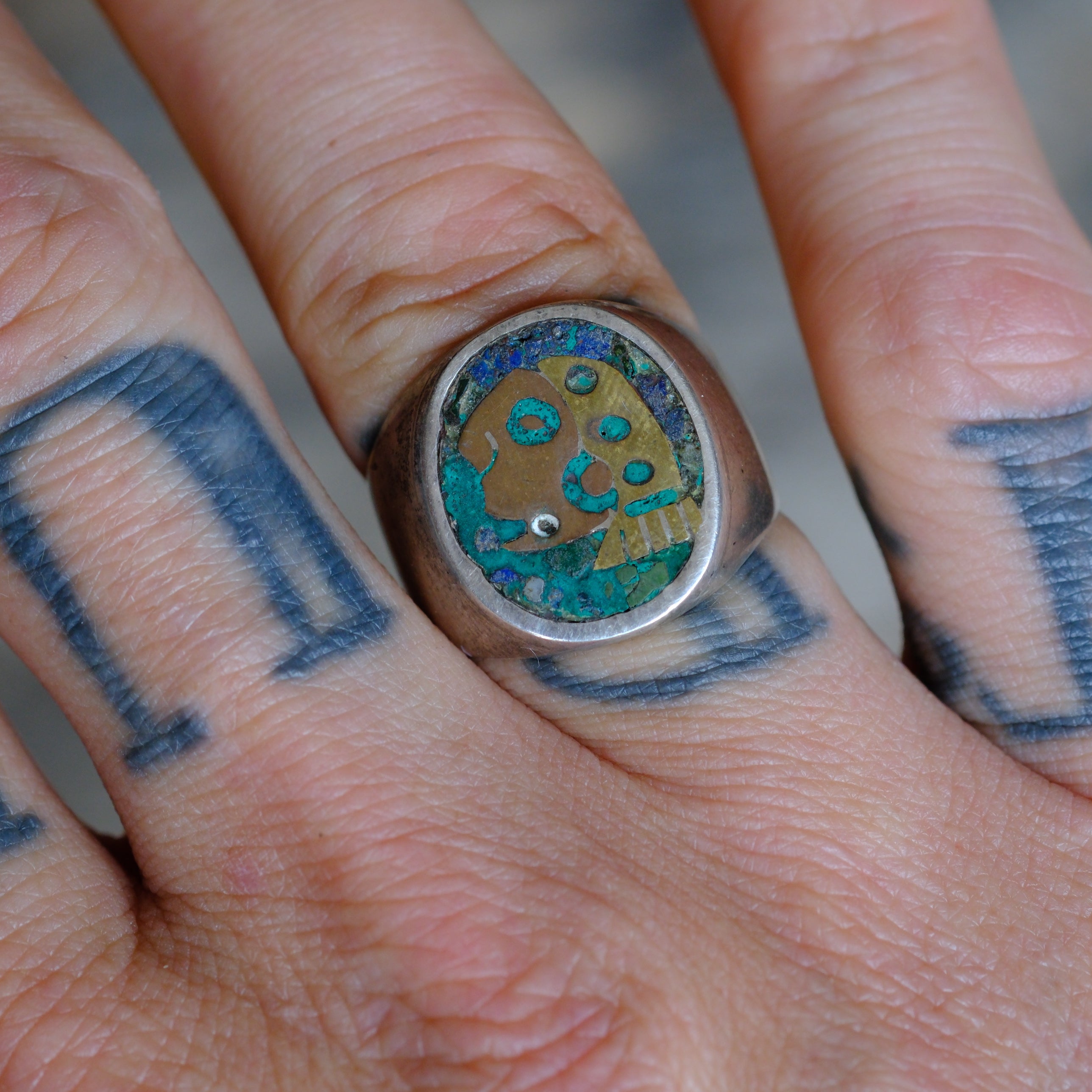 Vintage Sterling Turquoise Inlay Taxco Ring 8.75
