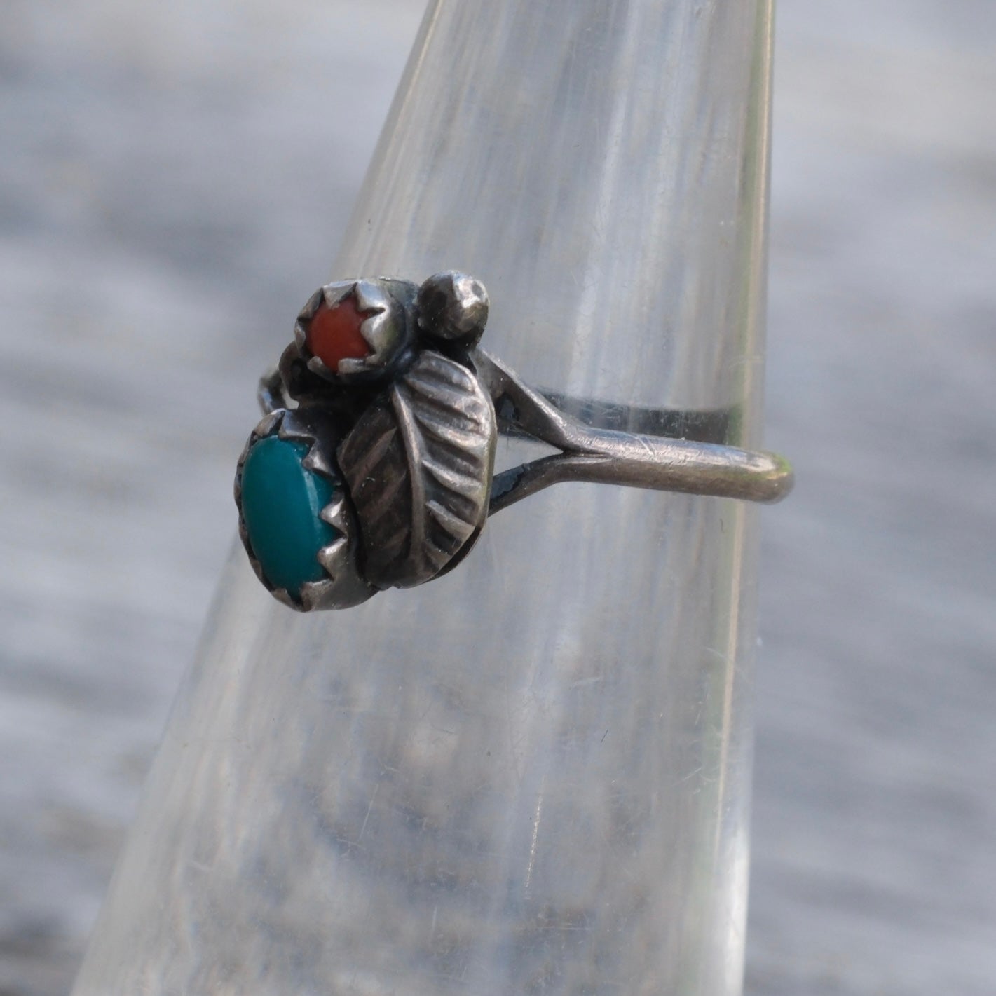 Vintage Sterling Turquoise and Coral Ring 3.75