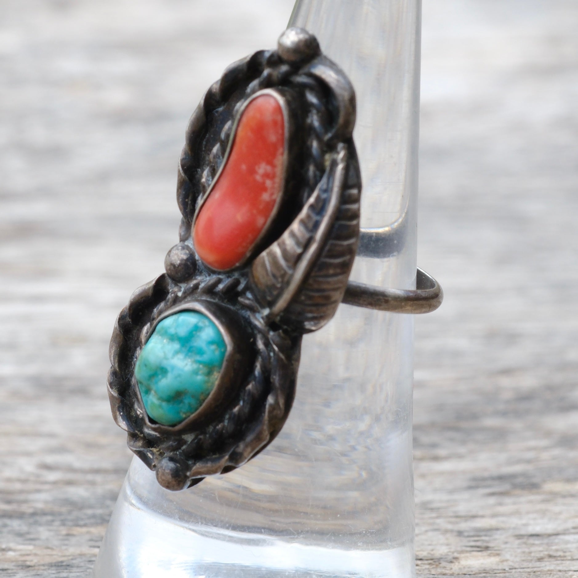 Vintage Sterling Turquoise and Coral Feather Ring 7.25