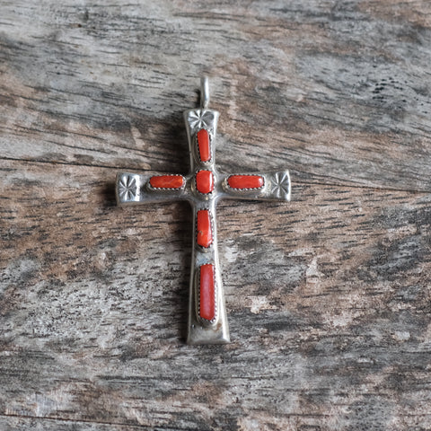Vintage Sterling 7-Stone Coral  Cross Necklace