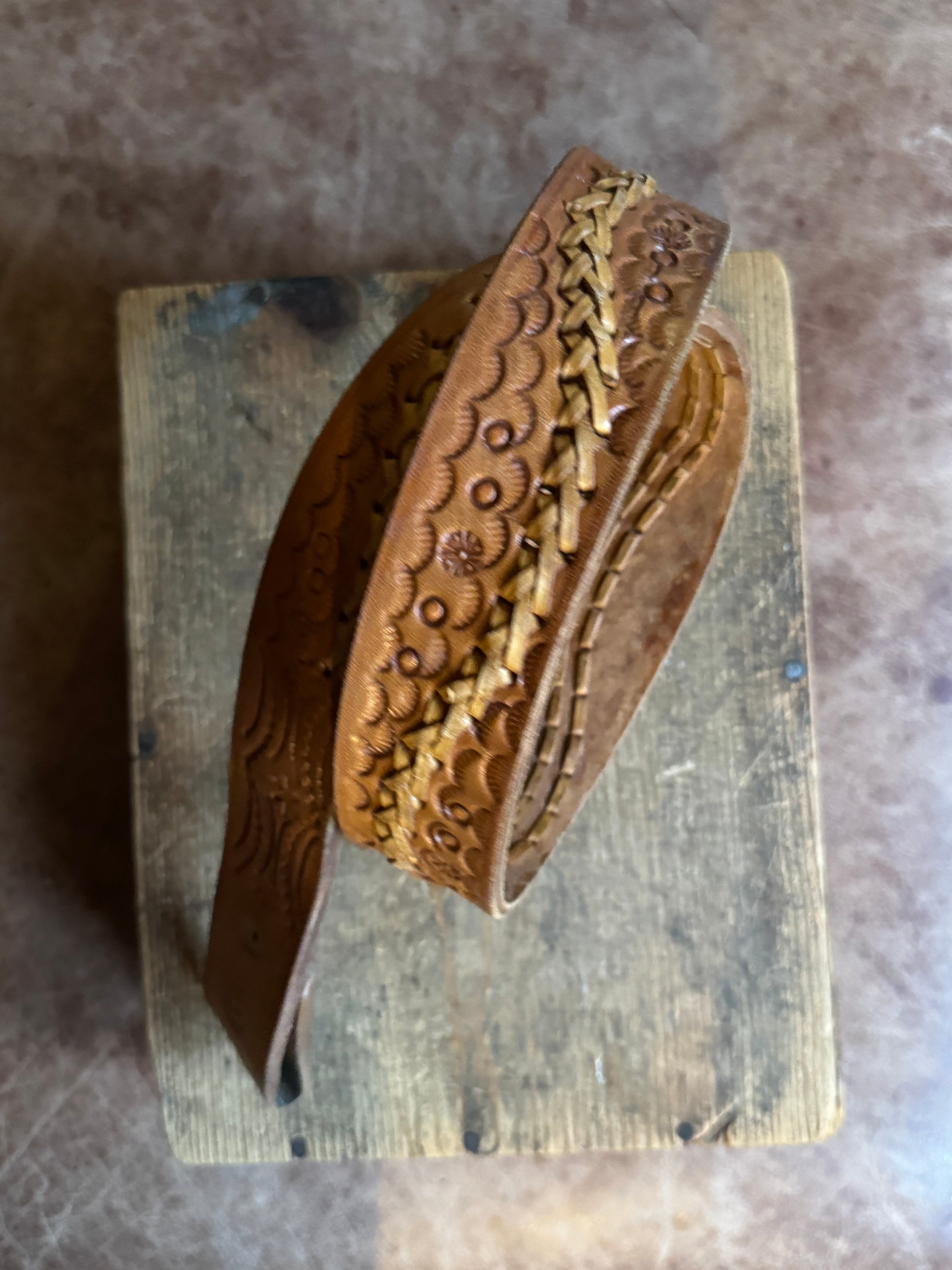 Vintage Brown Stamped Laced Leather Belt