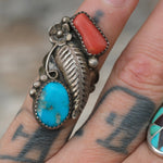 Vintage Sterling Turquoise and Coral Feather Ring 4.5