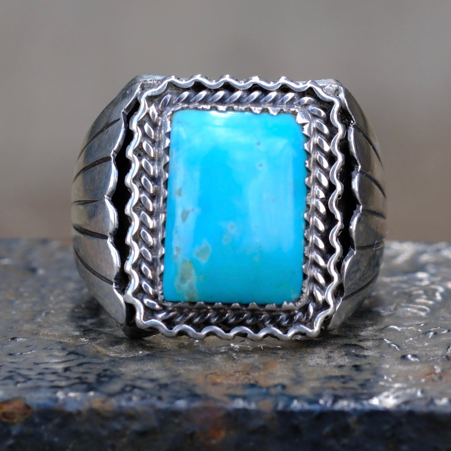 Vintage Sterling Turquoise Ribbed Band Ring 9