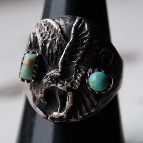 Vintage Sterling 2-Stone Turquoise Eagle Ring 9.5