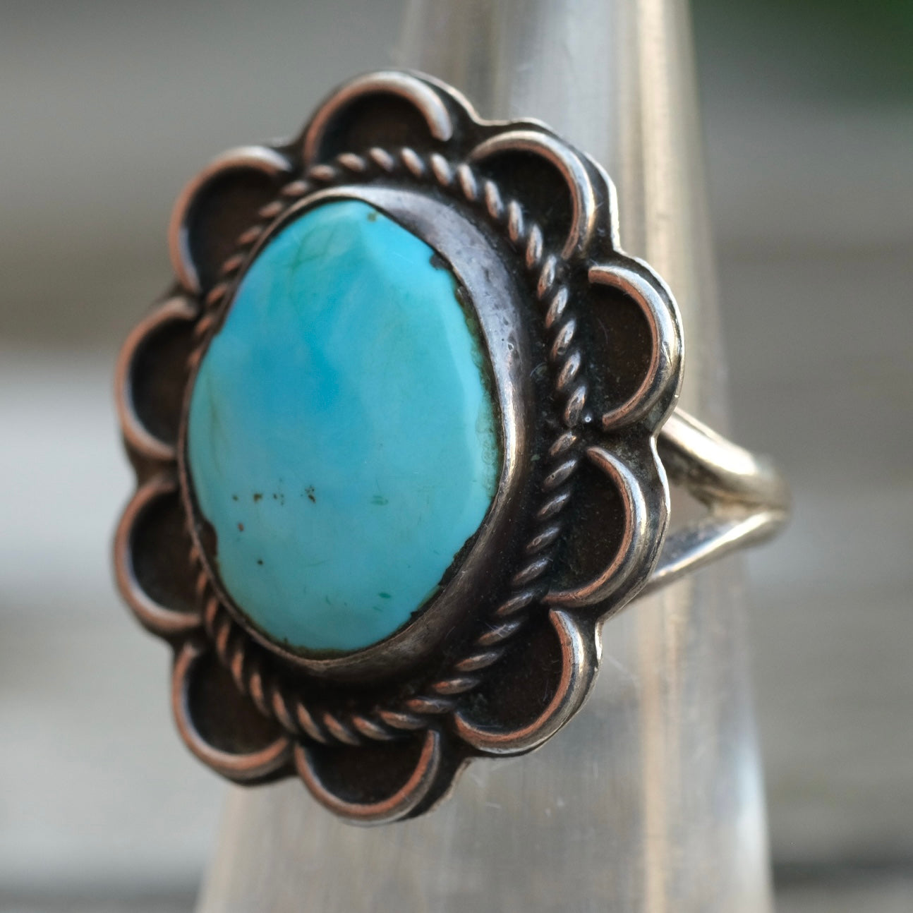 Vintage Sterling Turquoise Floral Ring 5.25