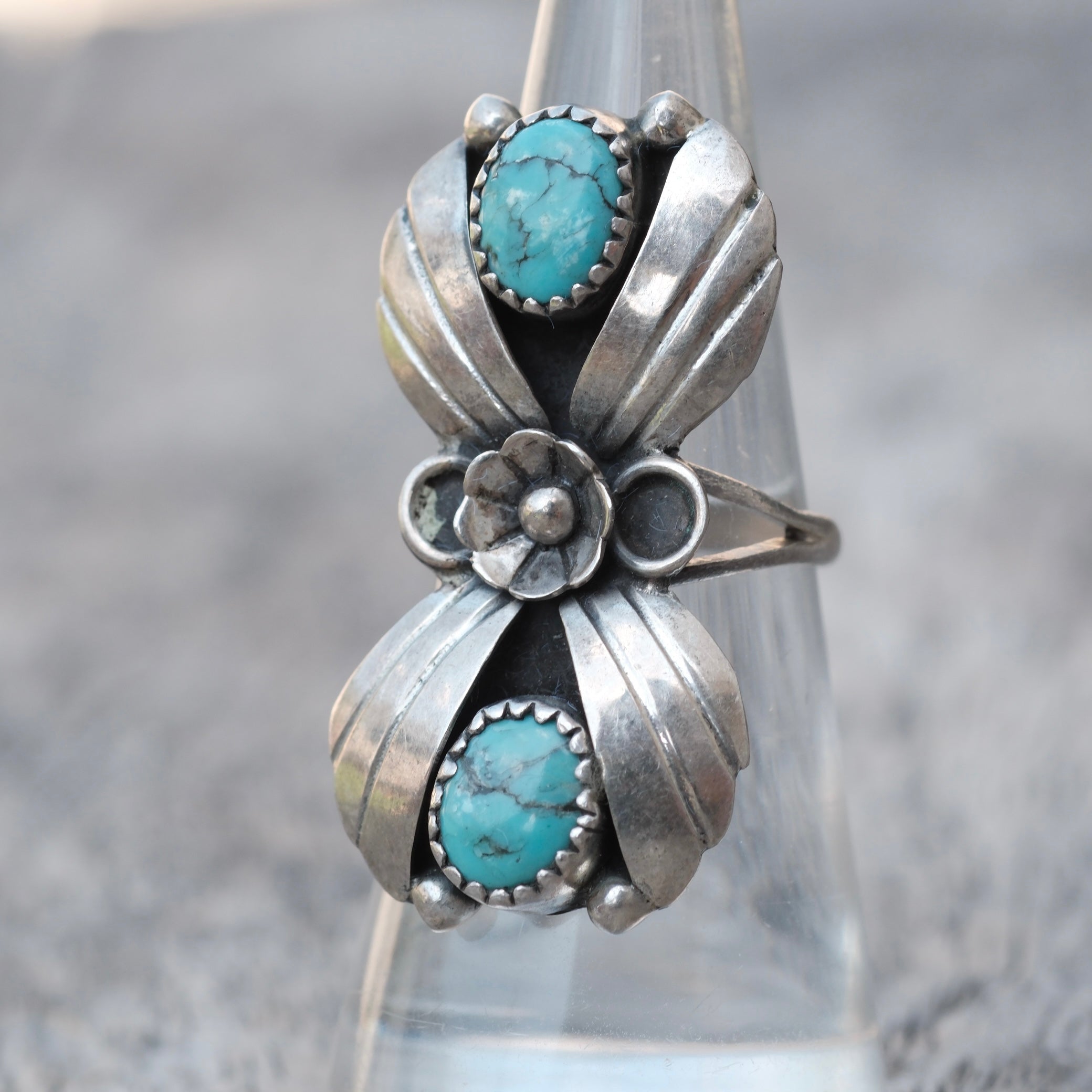 Vintage Sterling 2-Stone Turquoise Blossom Ring 6