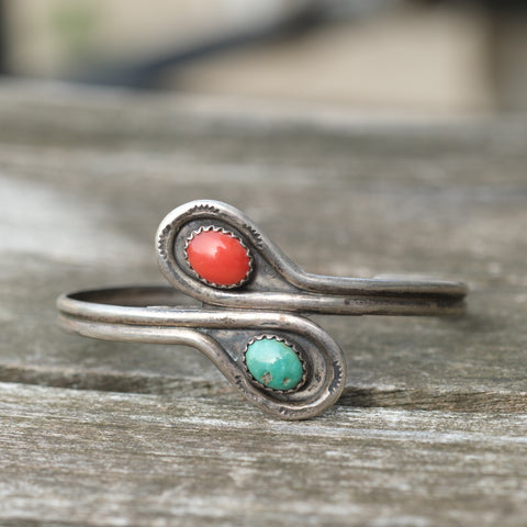 Vintage Sterling Turquoise and Coral Cuff