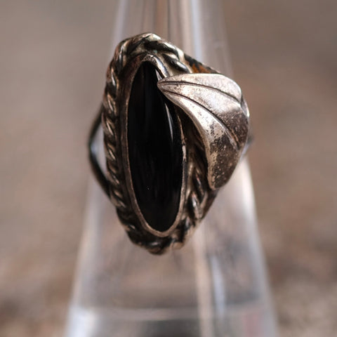 Vintage Sterling Onyx Feather Ring 7