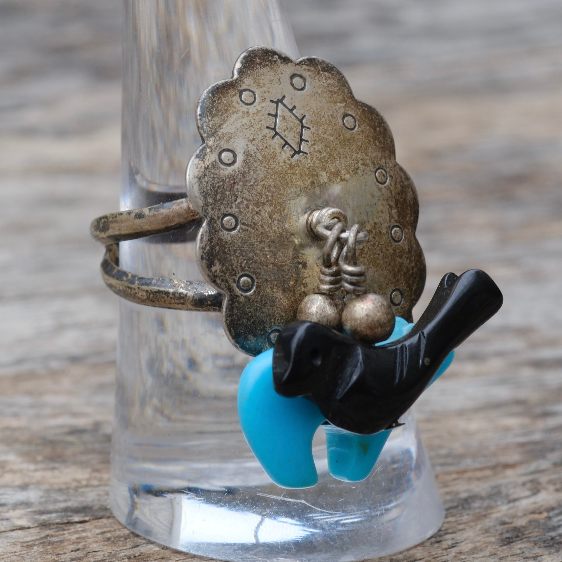Vintage Sterling Carved Stone Fetish Ring 8.25