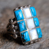 Vintage Sterling Turquoise and Mother of Pearl Inlay Ring 9