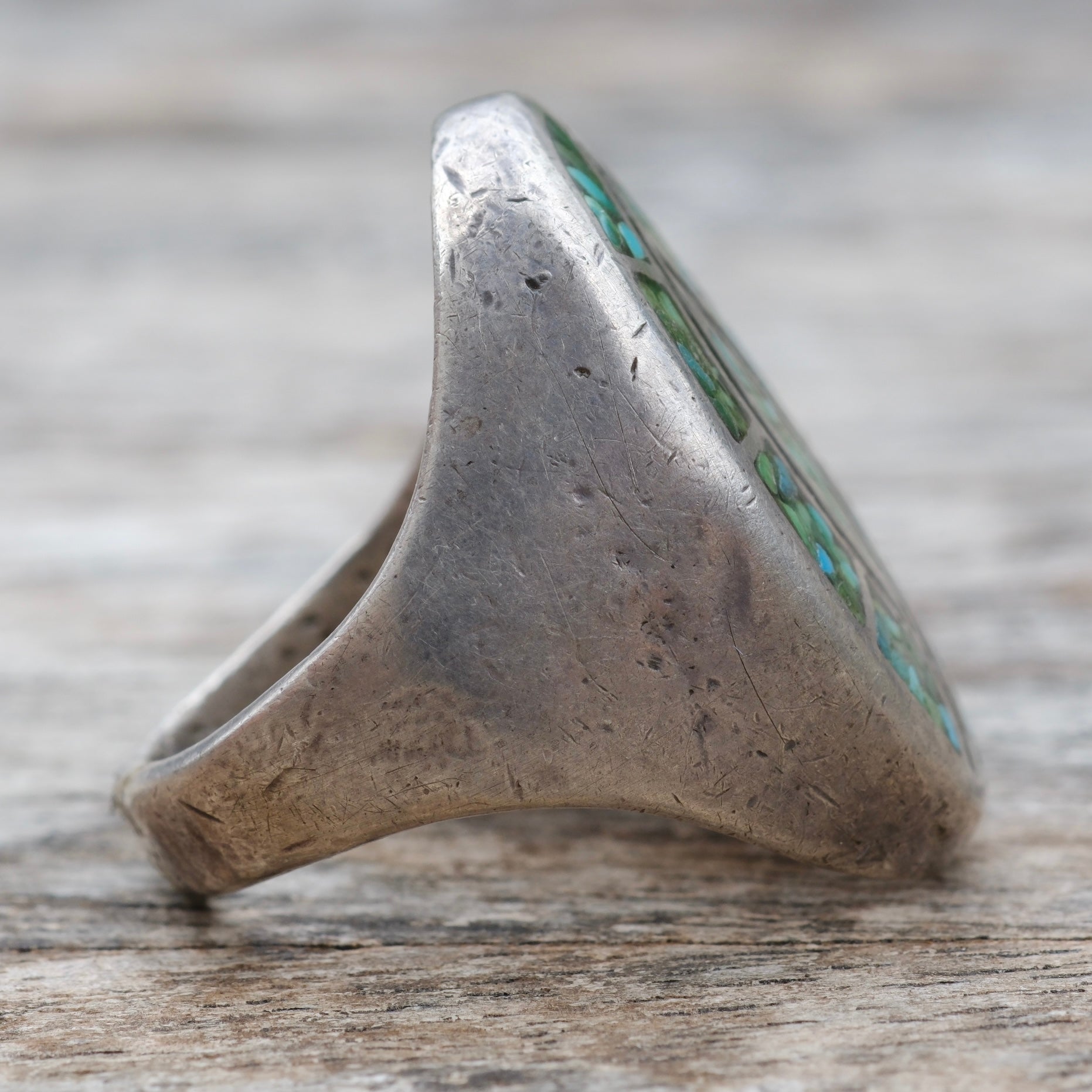 Vintage Sterling Crushed Turquoise Hummingbird Inlay Ring 9.25