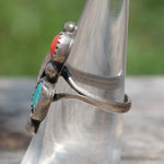 Vintage Sterling Turquoise and Coral Feather Ring 5.75