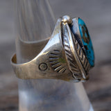 Vintage Sterling Turquoise Feather Stamped Band Ring 7.25