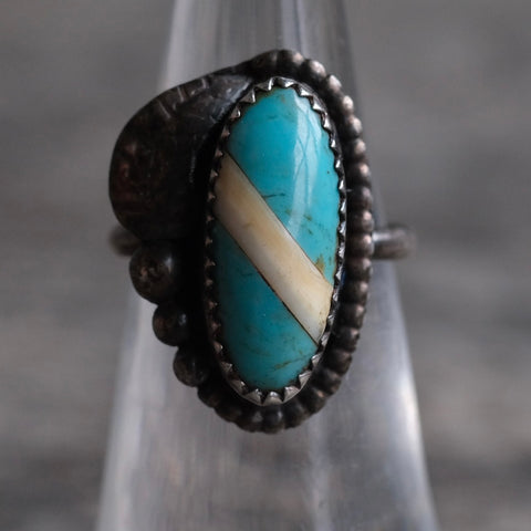 Vintage Sterling Turquoise and Mother Of Pearl Feather Ring 5