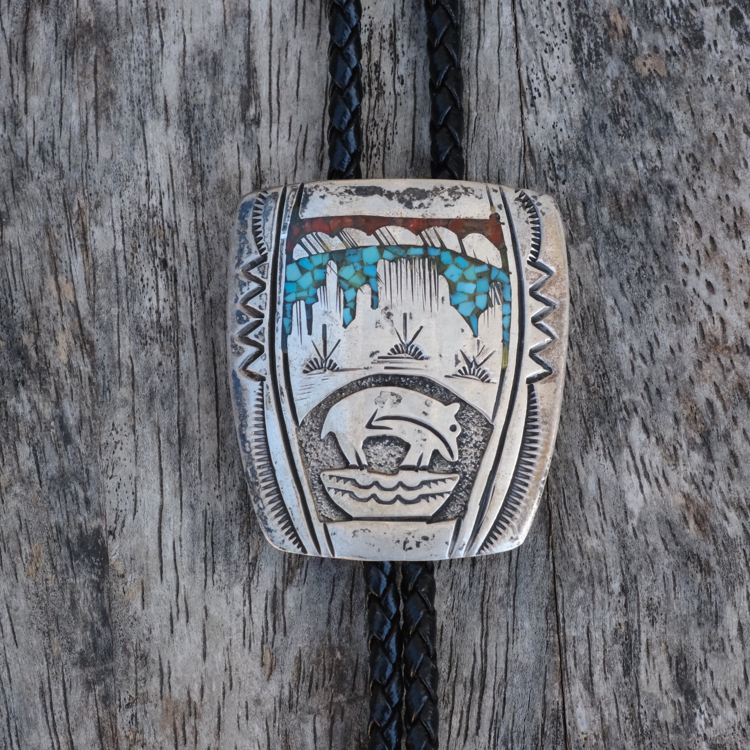 Vintage Sterling Turquoise and Coral Inlay Stamped Bolo Tie