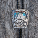 Vintage Sterling Turquoise and Coral Inlay Stamped Bolo Tie