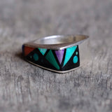 Vintage Sterling Multistone Inlay Band  Ring 5.75