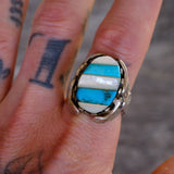 Vintage Sterling Turquoise and Mother Of Pearl Eagle Ring 11.25
