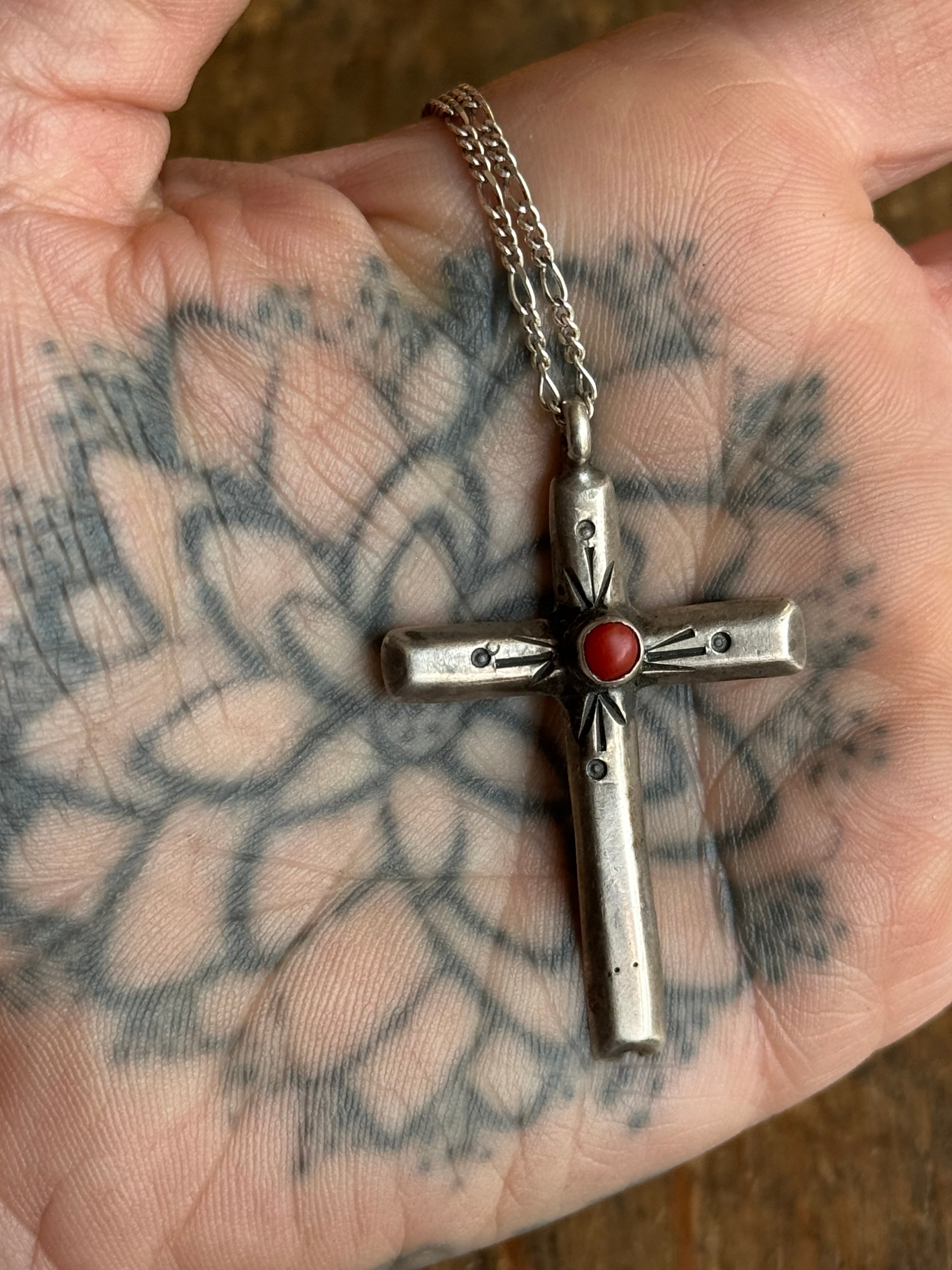 Vintage Sterling Silver Stamped Coral Cross 18" Necklace