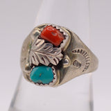 Vintage Sterling Turquoise and Coral Feather Ring 8.25