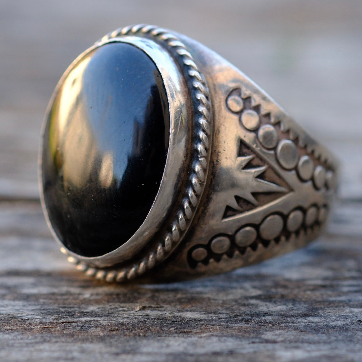Vintage Sterling Onyx Stamped Band Ring 10.5