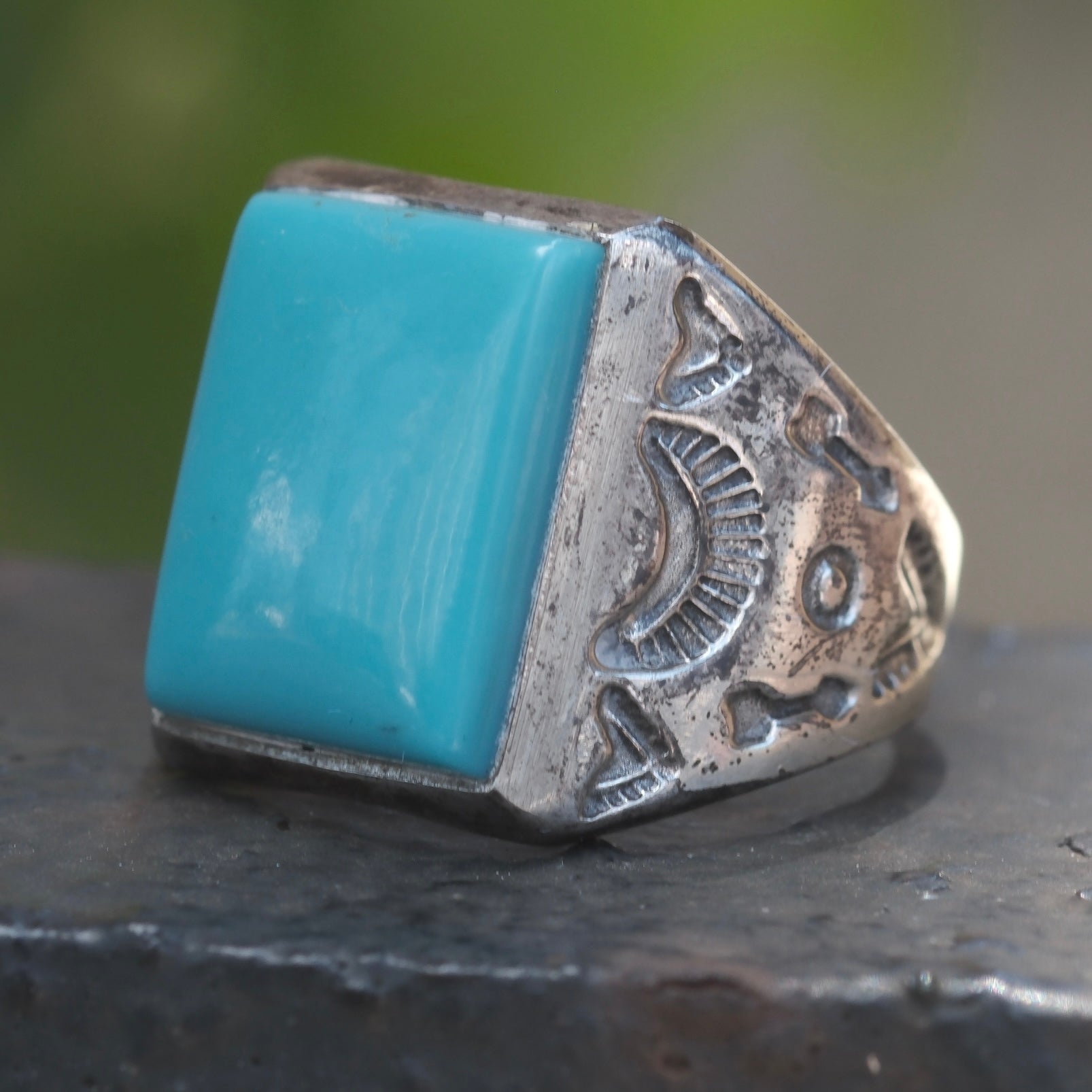 Vintage Sterling Turquoise Stamped Band Ring 8
