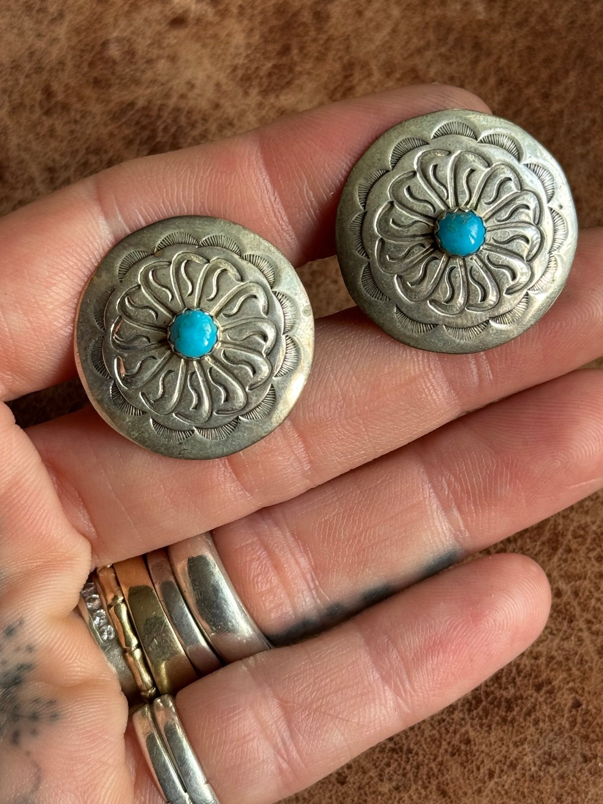 Vintage Sterling Silver Stamped Turquoise Concho Cufflinks