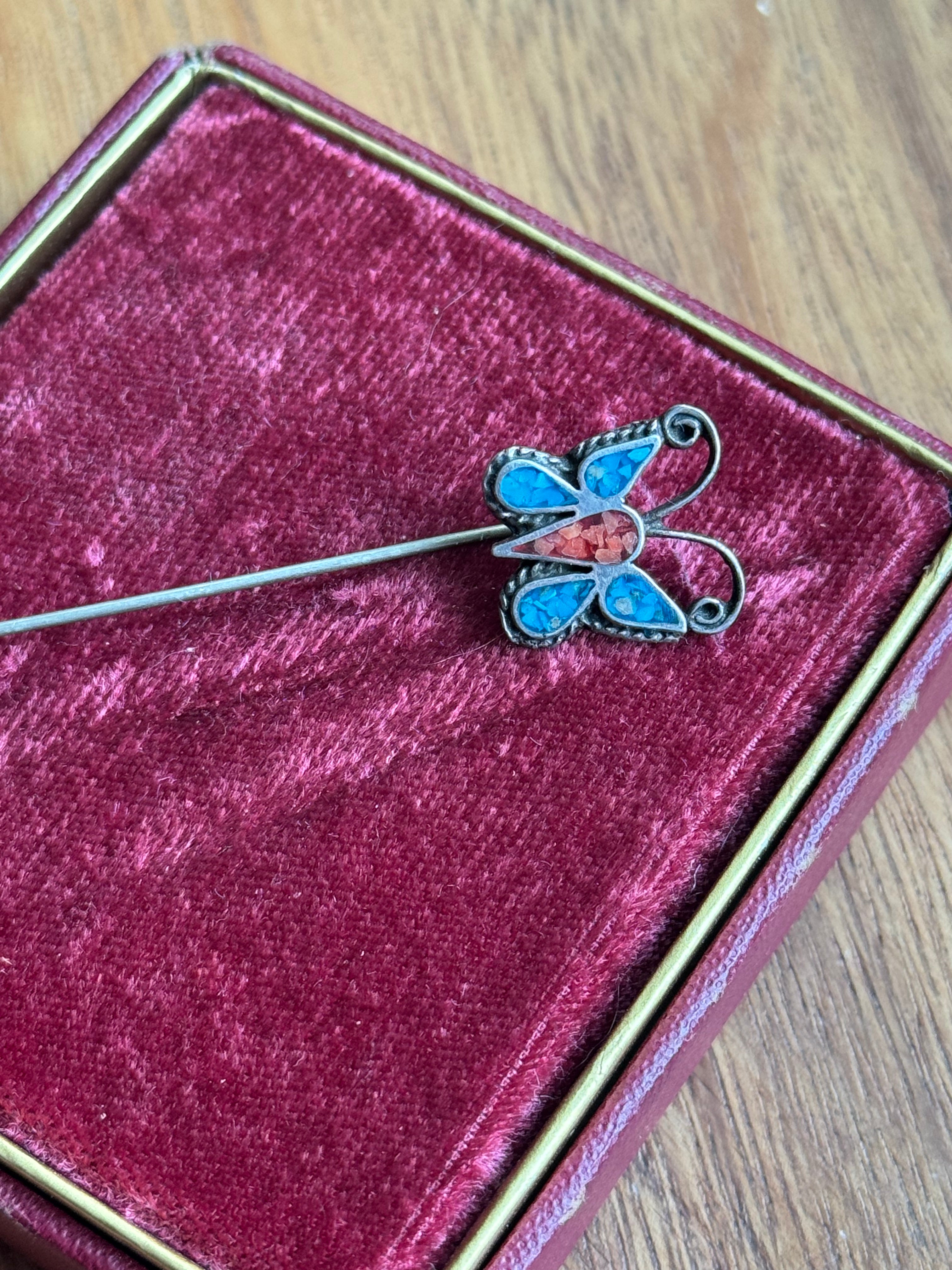 Vintage Sterling Silver Crushed Coral & Turquoise Butterfly Hat Pin