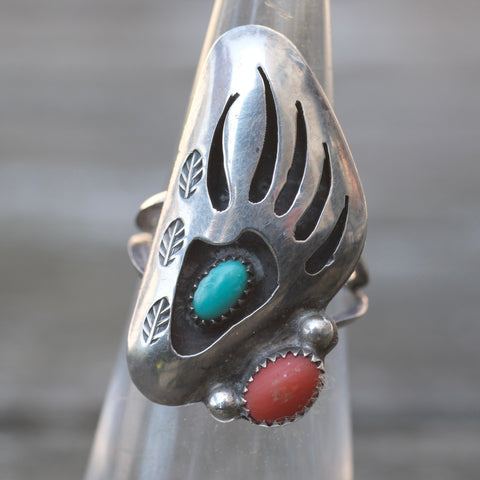 Vintage Sterling Turquoise and Coral Bear Paws Ring 4