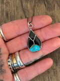 Vintage Sterling Silver Onyx & Turquoise Teardrop Inlay Necklace