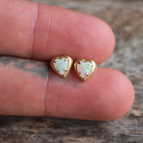 Vintage 14K Gold Opal Heart Stud Earrings