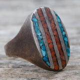 Vintage Sterling Crushed Turquoise and Coral Inlay Ring 11.5
