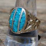 Vintage Sterling Crushed Turquoise Thunderbird Ring 10.5