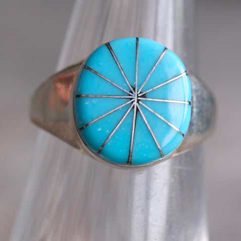 Vintage Sterling Turquoise Inlay Pinwheel Ring 5.5
