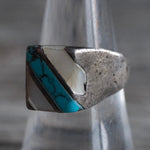 Vintage Sterling Mother Of Pearl and Turquoise Inlay Striper Ring 8.25