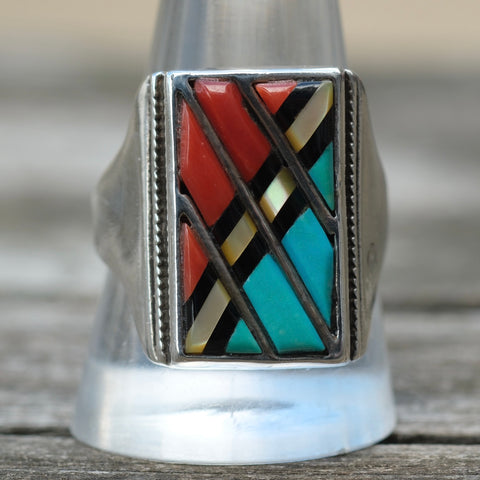 Vintage Sterling Multistone Inlay Ring 10.75