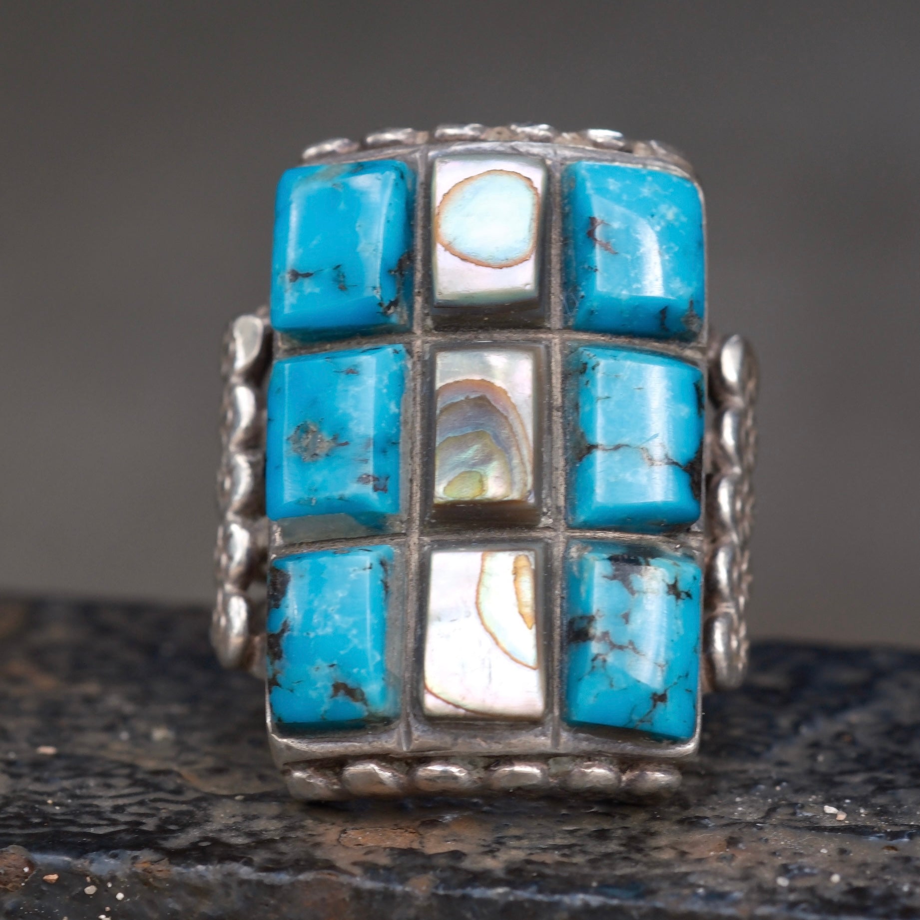 Vintage Sterling Turquoise and Abalone Inlay Panel Ring 9