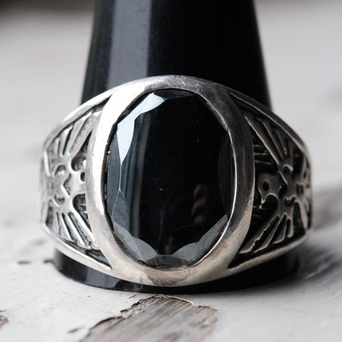 Vintage Sterling Hematite Thunderbird Ring 14.75